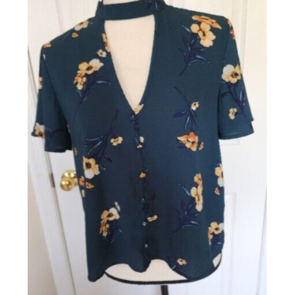 Kaii Los Angeles Womens Green Floral Blouse Top V-neck Size Large